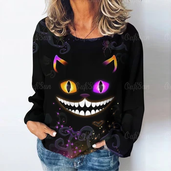 Жена топ с дълъг ръкав за Хелоуин, тениска с изображение на 3D котка, Есенна Мода готическата hoody, Блуза, Ежедневни дамски дрехи, Пуловер