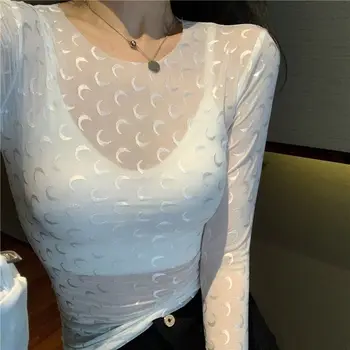 Окото солнцезащитная тениска с дълъг ръкав, прозрачни дизайн и дантелени детайли, Женски годишен лунен модел