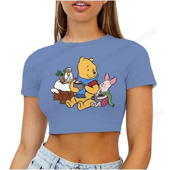 Жена топ с кръгло деколте, Тениски Y2k Winnie the Pooh, Дамска тениска на 