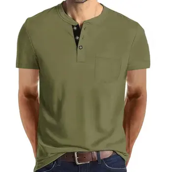 Лятна нова мъжки ежедневни риза поло, однотонная, с къс ръкав, оборудвана топ, всекидневни универсален топ с V-образно деколте и джобове, мъжки