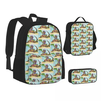 Раници с Игуаной на плажа, чанта за момчета и момичета, Студентски, училищни чанти, Детска раница с анимационни герои, чанта за обяд, чанта за писалки, комплект от три елемента