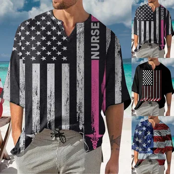 Тениски за мъже, високи мъжки Летни Тениски с къси ръкави, Ден на Независимостта, Ежедневна Мода, Свободни и Удобни мъжки блузи с V-образно деколте
