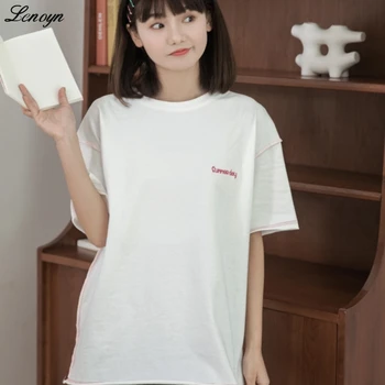 Lenoyn Y2K, реколта тениски, Дамски Япония, Градинска дрехи с голям размер, Свободни тениски с къс ръкав, Линия буквенного принта, Естетика на дизайна, върхове