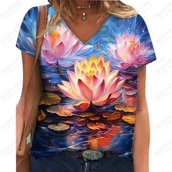 Лятна нова женска тениска с V-образно деколте и 3D принтом Lotus, тениска Ms. с V-образно деколте, красив ежедневния моден тренд, тениска Ms. с V-образно деколте