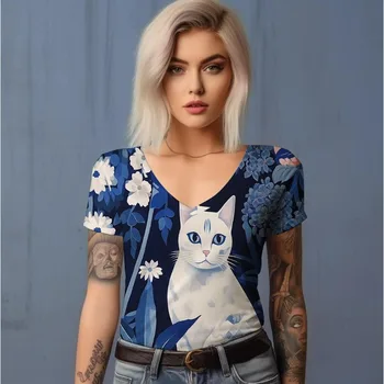 Тениски с 3D принтом любимец котка, Лятна Свободна Ежедневни тениска с къс ръкав, Дамски Класическа тениска с V-образно деколте, градинска мода тениска