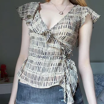 Лятна мода дамска риза с къдри хем, дълги ръкави, секси V-образно деколте, оборудвана дизайн, подчертава фигурата