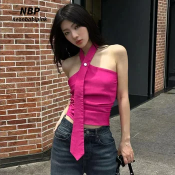 NEONBABIPINK Асиметрични Върховете на Бретелях, Корейската Модни Летни Дрехи за Жени, Сладък Секси Съкратен Топ с отворен гръб, Mujeres N94-BD14
