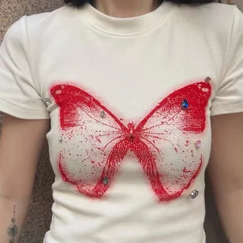 Модни Градинска дрехи, Реколта тениска, Дамски Летни тениски с къс ръкав и една пеперуда, Y2k, Естетична Ежедневни дамски тениска