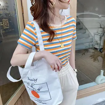 Раирана тениска с къс ръкав за жени в корейски стил