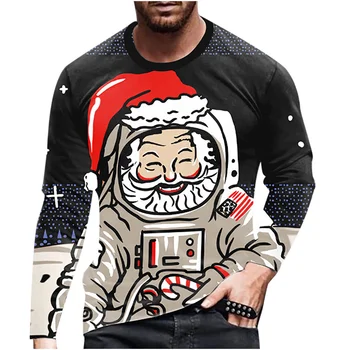 Мъжки модни тениска с изображение на Дядо Коледа, есенно-зимна Коледна топ 6XL, Мъжки дрехи, градинска тениска голям размер с дълъг ръкав