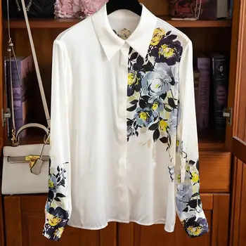 Ризата е от еластичен сатен с дълъг ръкав и принтом, дамски блузи, Blusa Mujer Moda 2023, Пролет-Есен