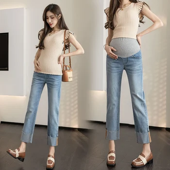 L51940 # Панталони за бременни от стрейчевого корейски деним, Ново записване, Ежедневни панталони, прави Панталони за бременни