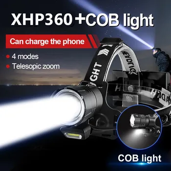 Мощен led налобный фенер XHP360, супер ярки USB акумулаторни налобные светлини, Scalable светлината на прожекторите, Главоболие, лампа за къмпинг, риболов