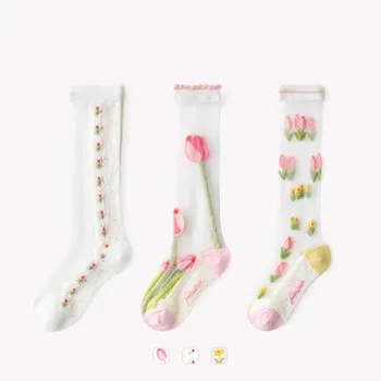 чорапи за деца с модерен нов модел под формата на хубаво цвете, тънки удобни чорапи до прасците, високи чорапи в рибарска мрежа, за жартиери