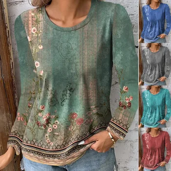 2023 Есенни Женски Свободни блузи с дълъг ръкав, Дамски ризи с кръгло деколте и цветисти принтом, удобни ежедневни тениски, пуловери, тениски