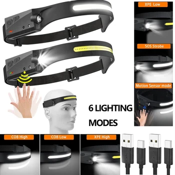 COB Led сензор Налобного фенер HeadlightStrong light Фенерче USB Акумулаторна главоболие лампа Факел 5 режима на осветление на Работния светлина