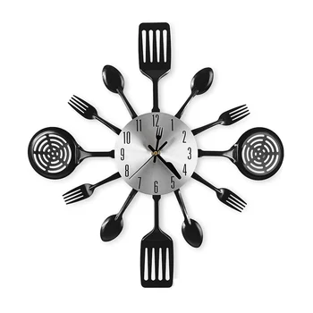 16-цолови големи кухненски стенни часовници с лъжици и вилици, 3D посуда, стенни часовници, декорация за дома в стаята (черни)