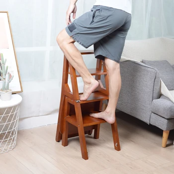 Сгъваем стол, Модерен Стол-стремянка от масивно дърво, Мултифункционален Дървен сгъваем стол за домашна кухня, стол-стремянка, 1бр