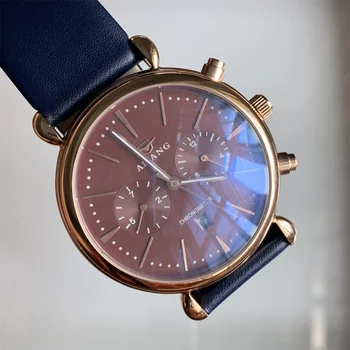 Разпродажба 45 мм-Големи Мъжки модни Кафяво-Сини Часовник с кожена каишка, Многофункционален часовник с календар, Светещи Кварцов Водоустойчив