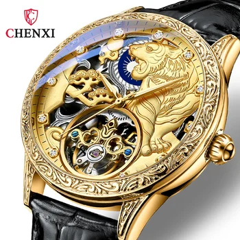 Механични Модерен мъжки часовник CHENXI 6029H, най-добрата марка за Луксозни Montre Homme, часовници със златен тигър, автоматични часовници с виртуален скелет