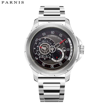 Модерен Мъжки Часовник Parnis 44 мм, със Сребърен Корпус, Механичен Автоматичен Часовник, Кожена каишка, Сапфирен Кристал, Спортни Мъжки Часовници reloj hombre