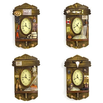 Реколта стенни часовници в селски стил Фермерска къща Декоративен часовник с куки за домашния офис, Декориране на всекидневна Подаръчни Аксесоари