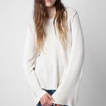 2023 Есен-зима, Проста Жена Пуловер с дълъг ръкав и кръгло деколте и писмото Принтом, пуловер