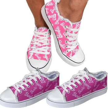 Новост 2023 г., Парусиновая обувки Големи размери с 3D-печат на кукли Барби, ежедневни обувки на равна подметка, за студентки, Модни дамски спортни обувки