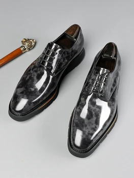 Нов бизнес костюм, мъжки кожени обувки, висококачествени мъжки обувки дерби ръчно изработени в британски стил с дантела от телешка кожа.
