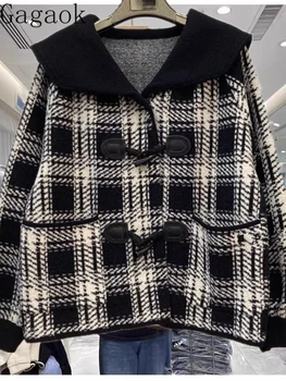 Якета Gagaok, есенно-зимно палто, Женски кратък Свободен жилетка в клетката, Нов стил, копчета от кравешки рога, перла velvet топ