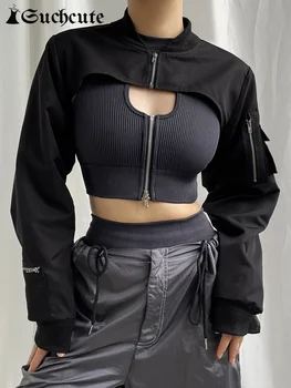 Обикновена якета-карго в стил хип-хоп, супер съкратен якета, готически Свободни палто с висока яка с цип, градинска дрехи, черни джобове, яке-бомбер