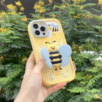 Сладък cartoony 3D пчелен С функция скоба Мек Силиконов калъф за телефон за момичета с iPhone 11 12 13 14 Pro Max със Защита от Падане на Задния капак