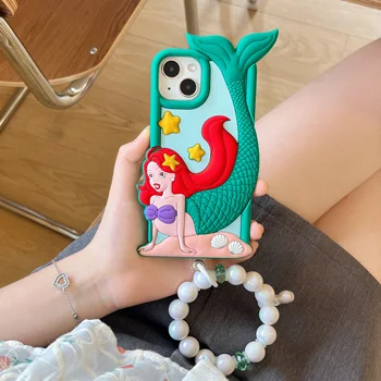 Нова Реколта Зелени 3D Стереоскопични Калъфи за телефони Disney The Little Mermaid, с ръчно Веригата от Мъниста За iPhone 15 14 13 12 11 Pro, Задната част на кутията