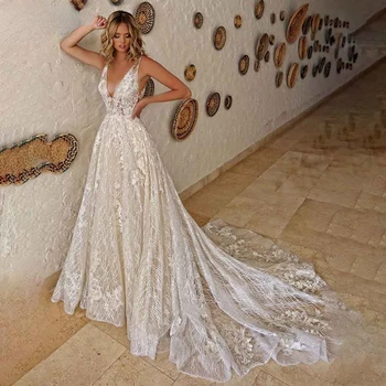 Vestido De Новия Очарователно Дантелено Сватбена рокля С Аппликацией, Елегантна Сватбена рокля с Дълбоко V-образно деколте, с Плажна Сватбена рокля, Секси Рокля Сватба 2023