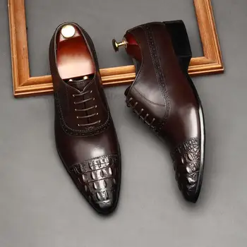 Висококачествени Сватбени обувки Дантела, Мъжки Модела обувки от естествена кожа, Вино-червено Бордо Oxfords, Светска Мъжки Костюми, Всекидневни Бизнес