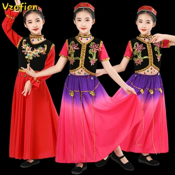 Танцови костюми на етническите малцинства, китайското народно рокля за момичета, Детски танцов костюм, Синьцзянская националната дрехи за изказвания, Екипировки Hanfu