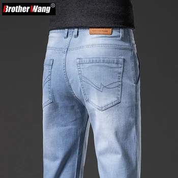 Мъжки светло сини дънки с прави штанинами на ципове със защита от кражба, есенни панталони-карго от устойчива на износване еластична тъкан, мъжки дънкови панталони-cargo
