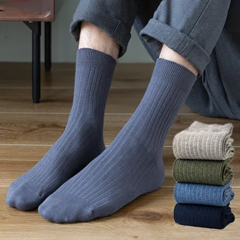 Мъжки Памучни Чорапи Високо Качество Плътен Цвят на Бизнес Crew Пролет Есен Плетене MIB Корк Глезените Дълги Дишащи Ежедневните си Меки Чорапи