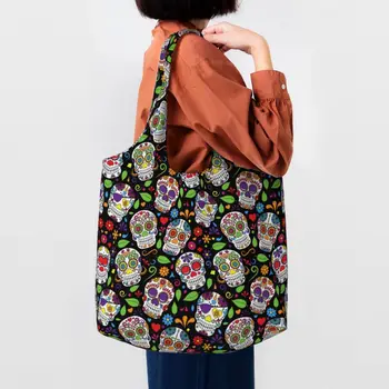 Захарен Череп, Мексикански цвете, чанта за пазаруване, Холщовая чанта за пазаруване, Голям чанта-тоут на рамото, Преносим чанта 