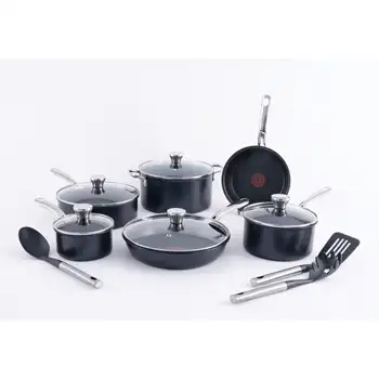 Комплект съдове за готвене с незалепващо покритие T-fal Expert Pro Platinum, 14 предмети, черен