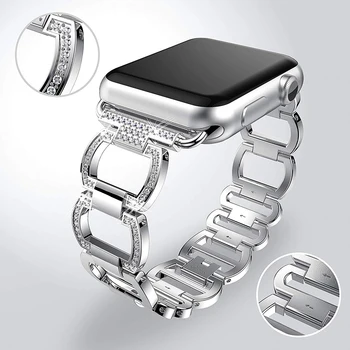 Луксозна Метална Гривна с Диаманти за Apple Watch Band 44 42 41 45 мм iWatch 7 SE 6 5 4 3 38 40 мм и Каишка с Линия от неръждаема Стомана