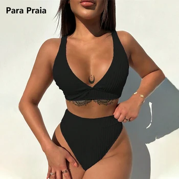 Para Praia, Комплект Бикини с високо деколте на бретелях, 2023, Секси Бански костюм с висока Талия, Женски бански С Дълбоко V-образно деколте, Бикини с отворен гръб, Бански