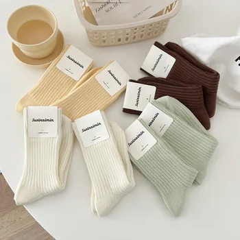 CHAOZHU/Новост 2023, Уютни и меки еластични чорапи свободно намаляване от 100% памук в рубчик, основни дамски чорапи за всеки ден, свежи цветове, Класически основни чорапи за всеки ден