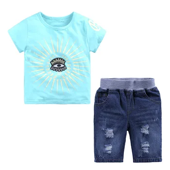 Костюм с къс ръкав за момчета, нови Летни скъсани дънкови шорти + тениска с къс ръкав, с кръгло деколте, Детски дрехи за момчета