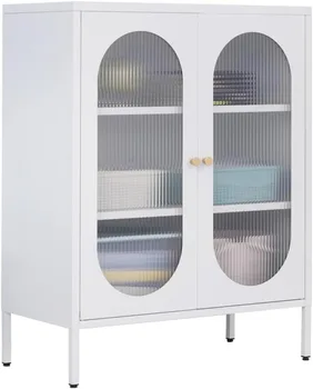 Метален акцентный шкаф за съхранение на WISUNO за хола。 Къща, офис, Кухня, 3-различен, Стъкло на вратата на достъпа, Подвижни рафтове (2 стъклени врати, бял)