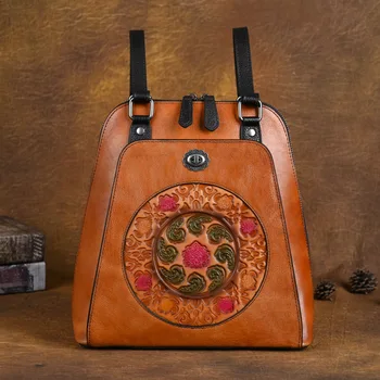 Жена раница в ретро стил, чанта през рамо от естествена кожа с релефно, пътни чанти от естествена телешка кожа, Реколта луксозна чанта ръчна изработка