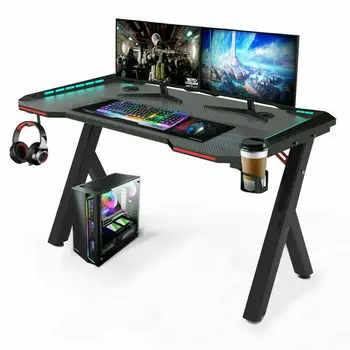 Игра на маса, Компютърна маса за геймъри, Ергономична работна станция с RGB led подсветка, кука за слушалки, поставка за чаши за домашни офиси