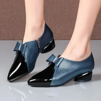 2024 Модни дамски обувьТуфлилодочки от лачена кожа с катарама и възел с цип Дизайнерски обувки за жени с остри пръсти, на нисък ток, Удобна за офис обувки